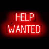 a red neon sign that says help wanted on a black background